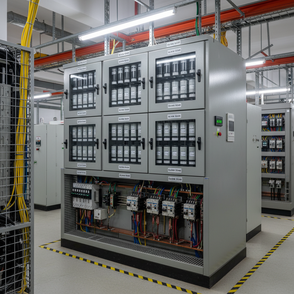 APFC panel with capacitor banks and power factor correction equipment inside an electrical room