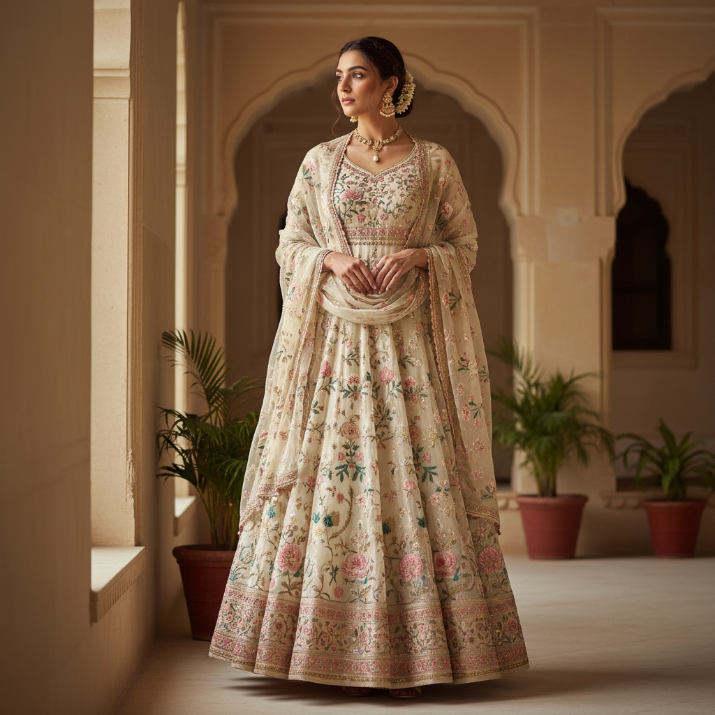 Elegant Indian woman in embroidered anarkali suit against warm amber background