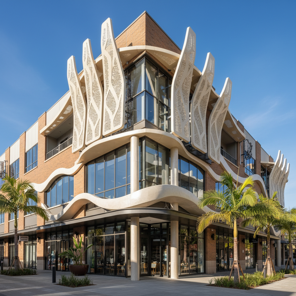 Mixed-use commercial development with custom fiberglass architectural elements, urban building exterior, daylight conditions