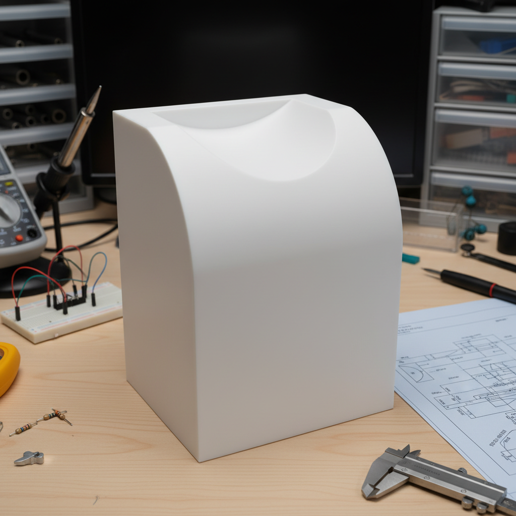 Product development workspace with electronic components, prototyping tools, 3D printed enclosures and design sketches on bright workbench