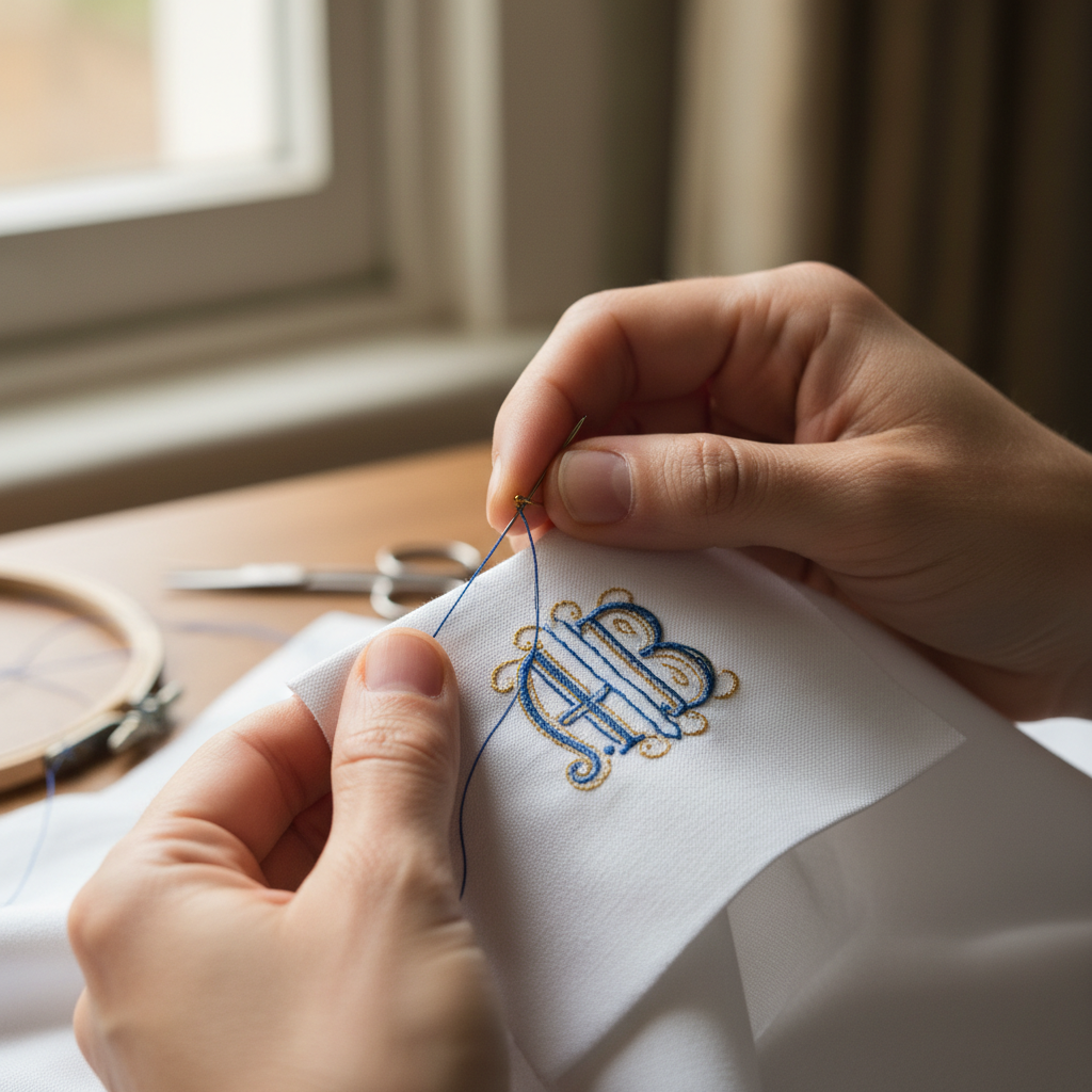 Close-up of hands stitching monogram embroidery on collar with thread and needle, detailed craftsmanship
