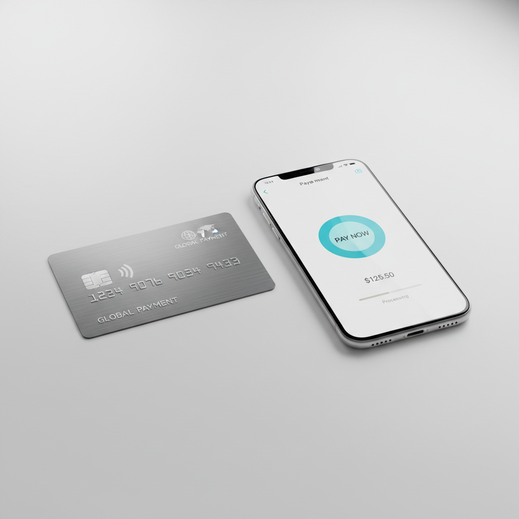 Close-up of hands using smartphone for mobile payment with credit card on wooden desk