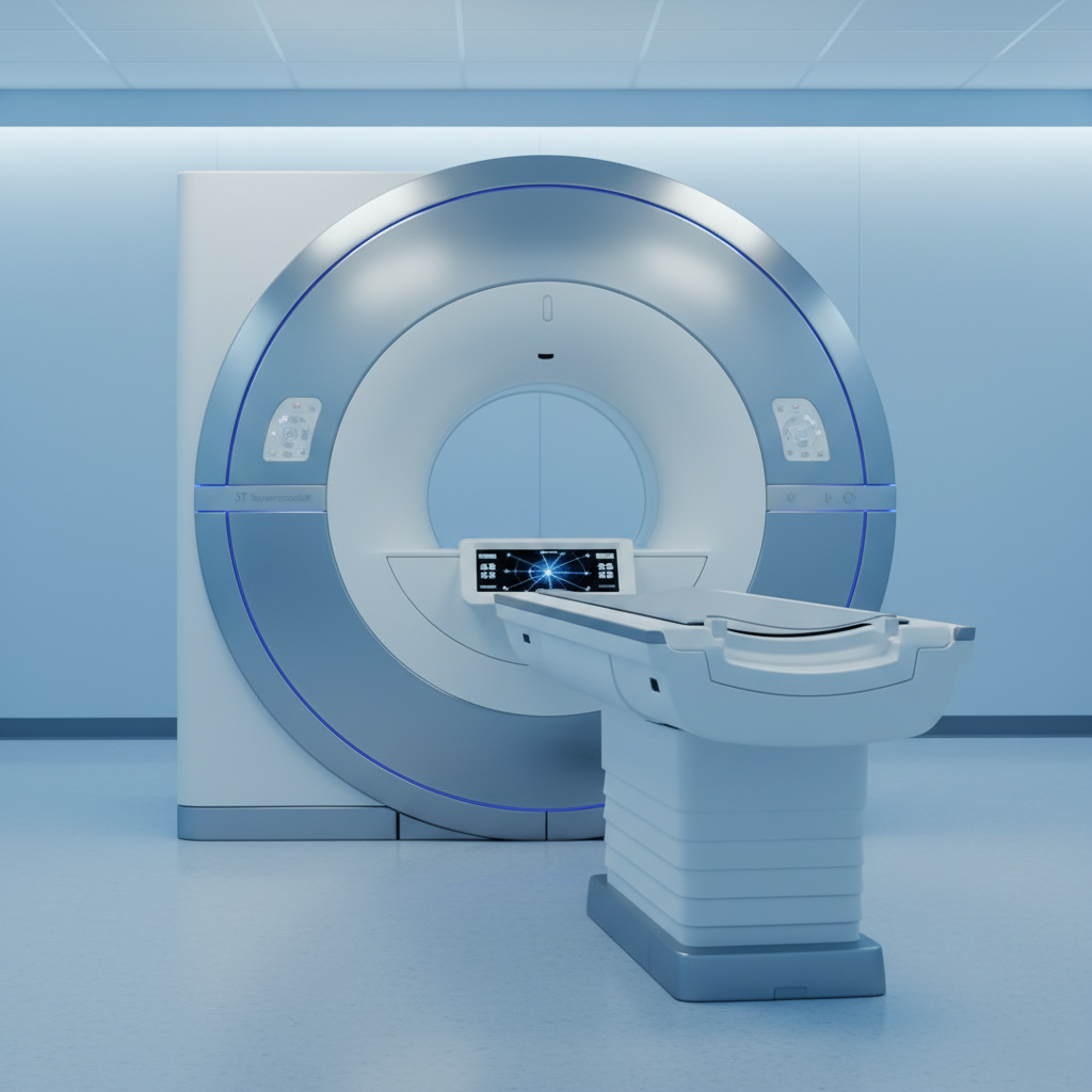 Wide-bore MRI scanner in a bright white radiology room with cool blue overhead lighting