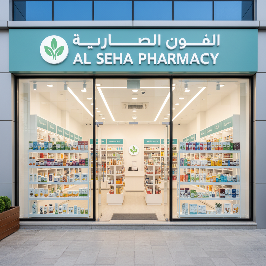Pharmacy retail store front with bright signage and branded facade, daytime street view