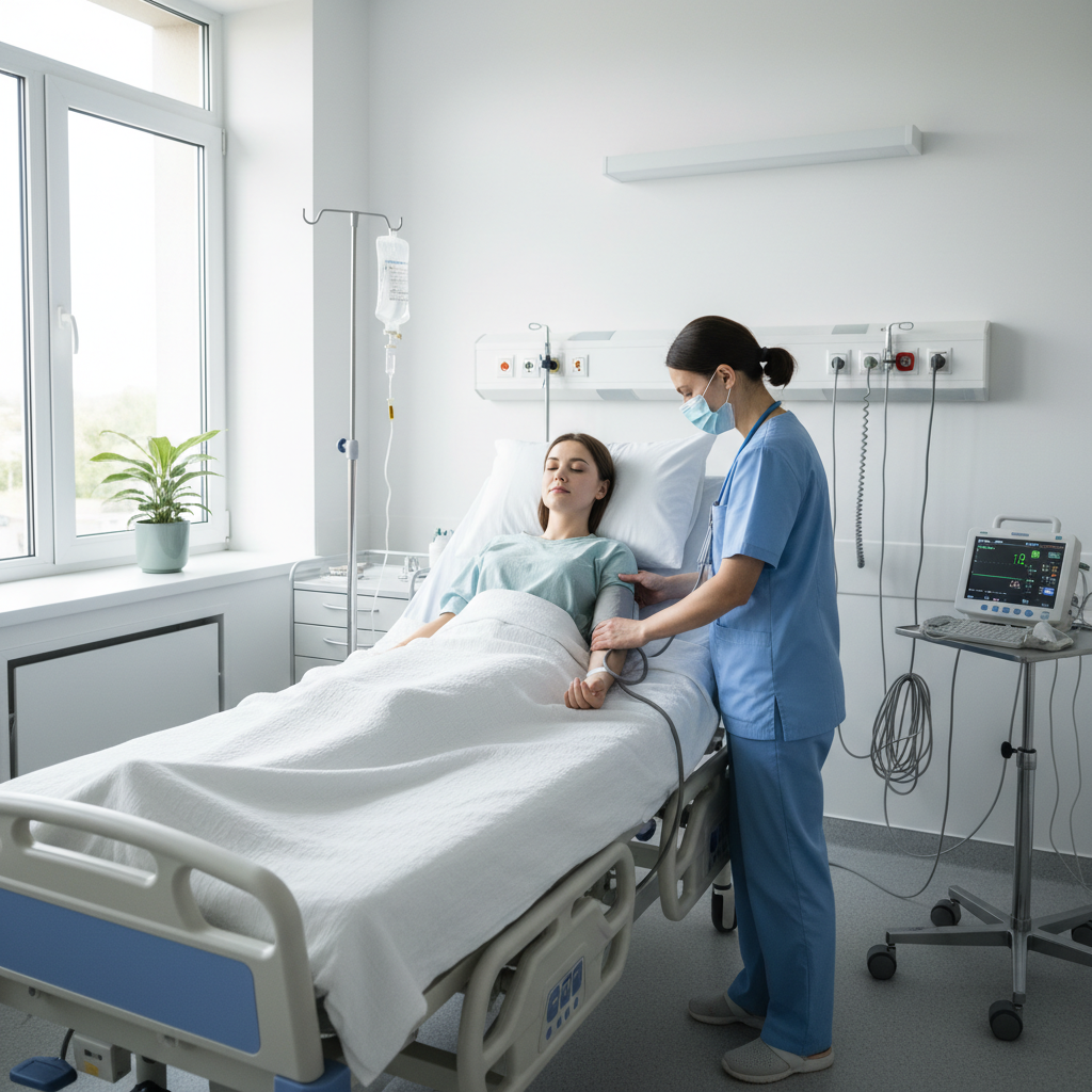 Recovery room with patient resting comfortably, nurse checking vitals, calm environment