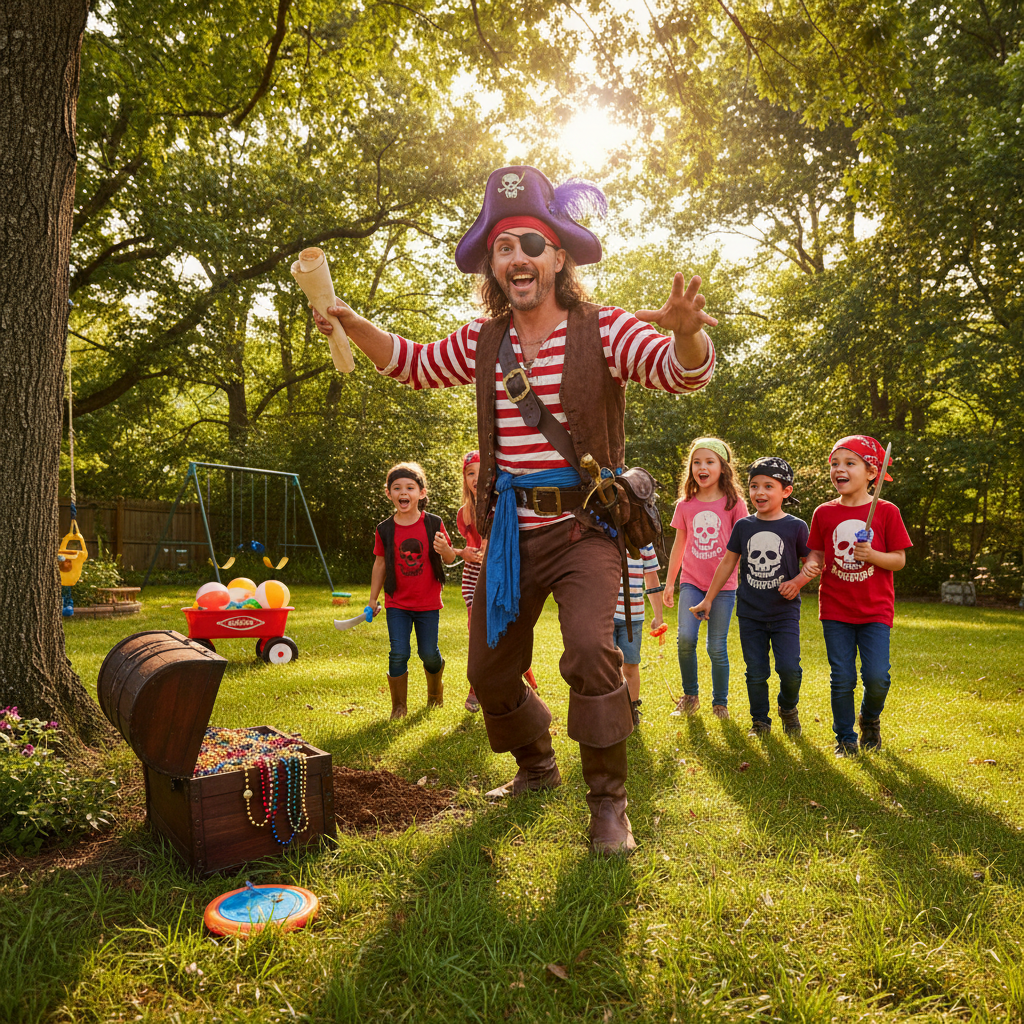 Pirate captain character leading children on a treasure hunt in a backyard