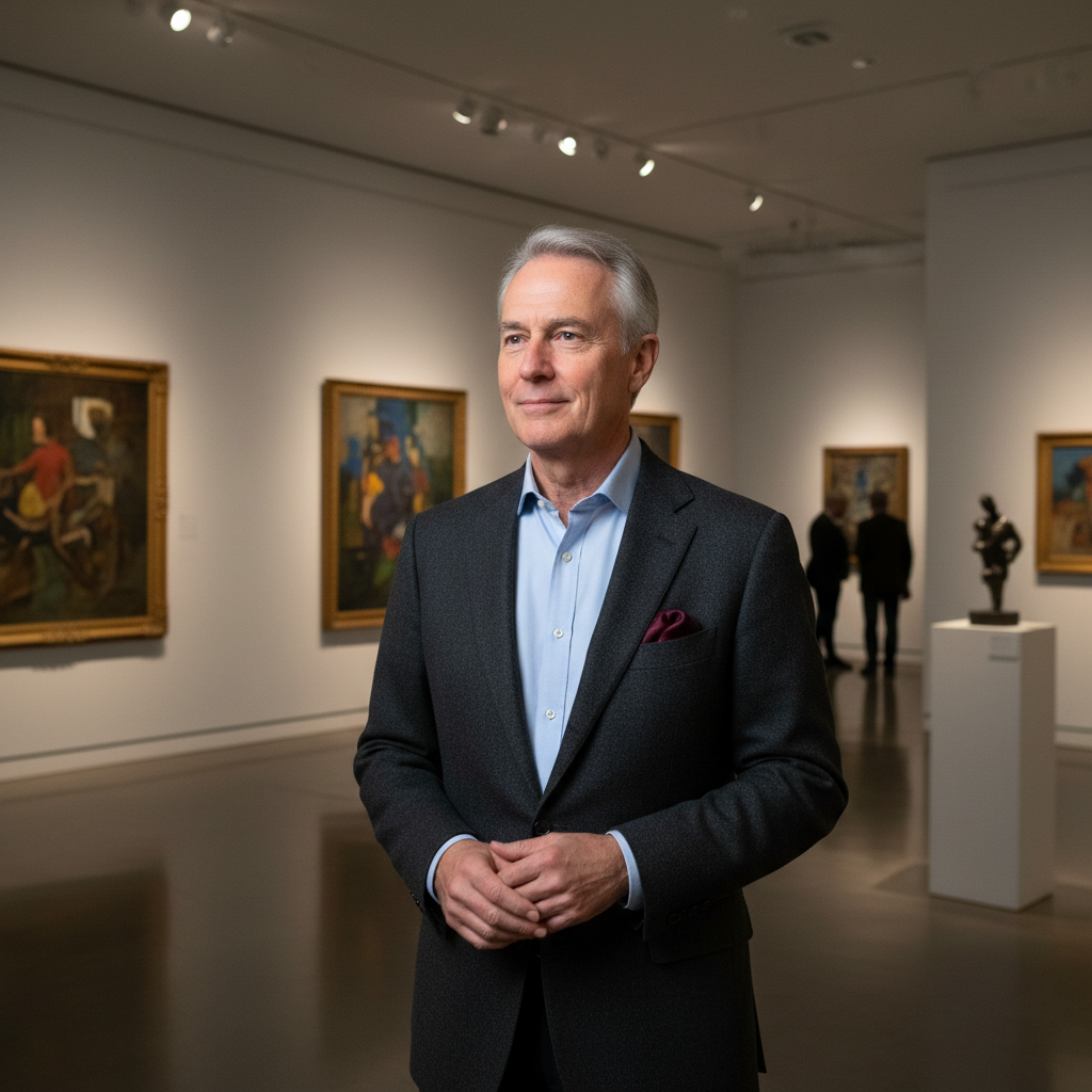 James Okafor, art collector from Lagos wearing a dark blazer