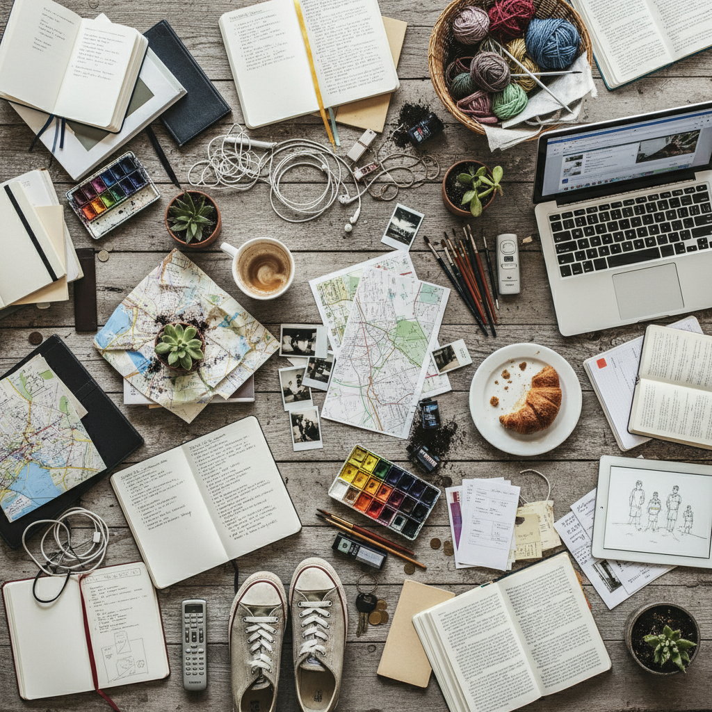 Busy cluttered flat lay with too many items and no focal point — before lifestyle board cover