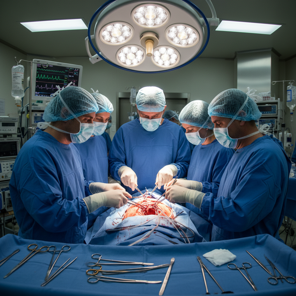 Cardiac surgical team performing open heart procedure with specialized equipment in dim operating room with focused overhead lighting