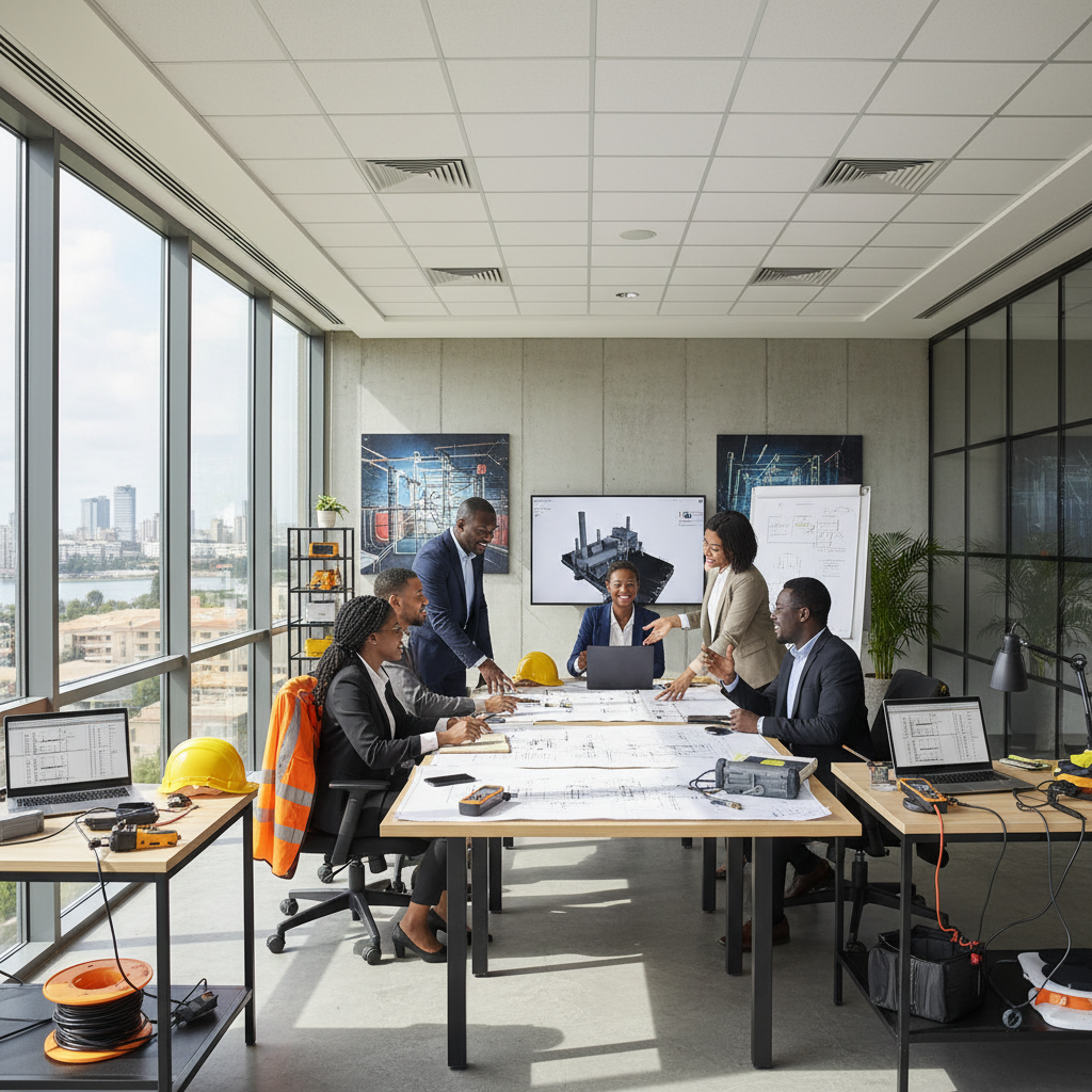 Team of South African engineers and professionals collaborating on an engineering project in a bright well-lit environment