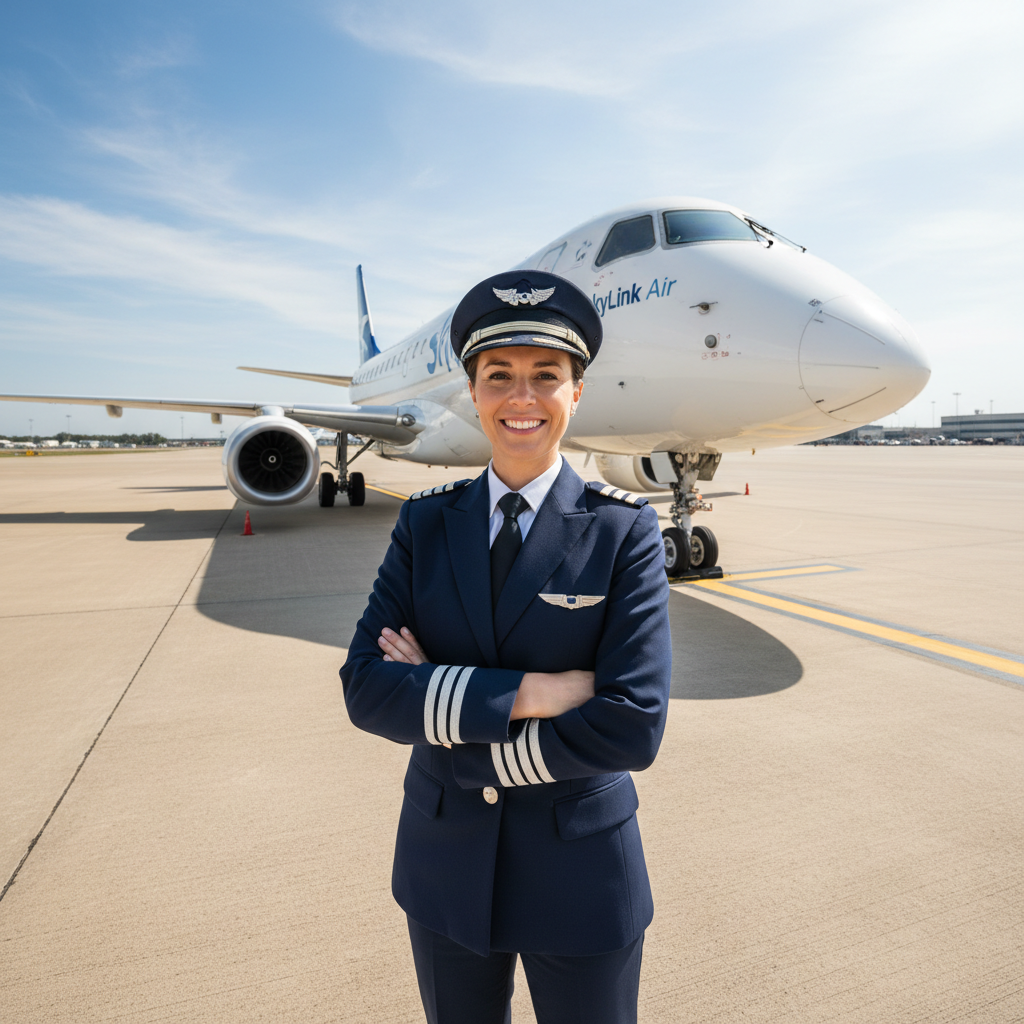 Regional airline first officer in uniform standing in front of regional jet aircraft
