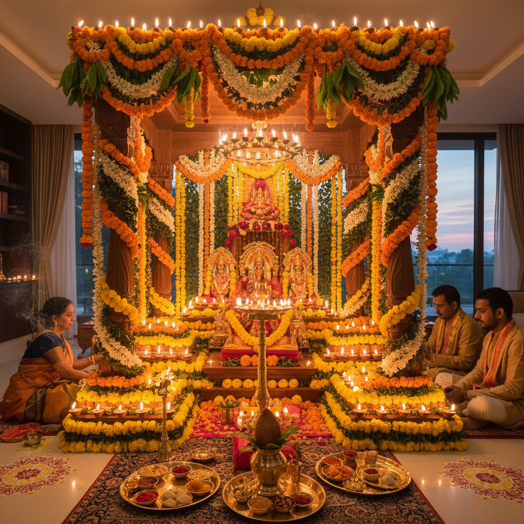 Gruhapravesam ceremony with traditional decorations