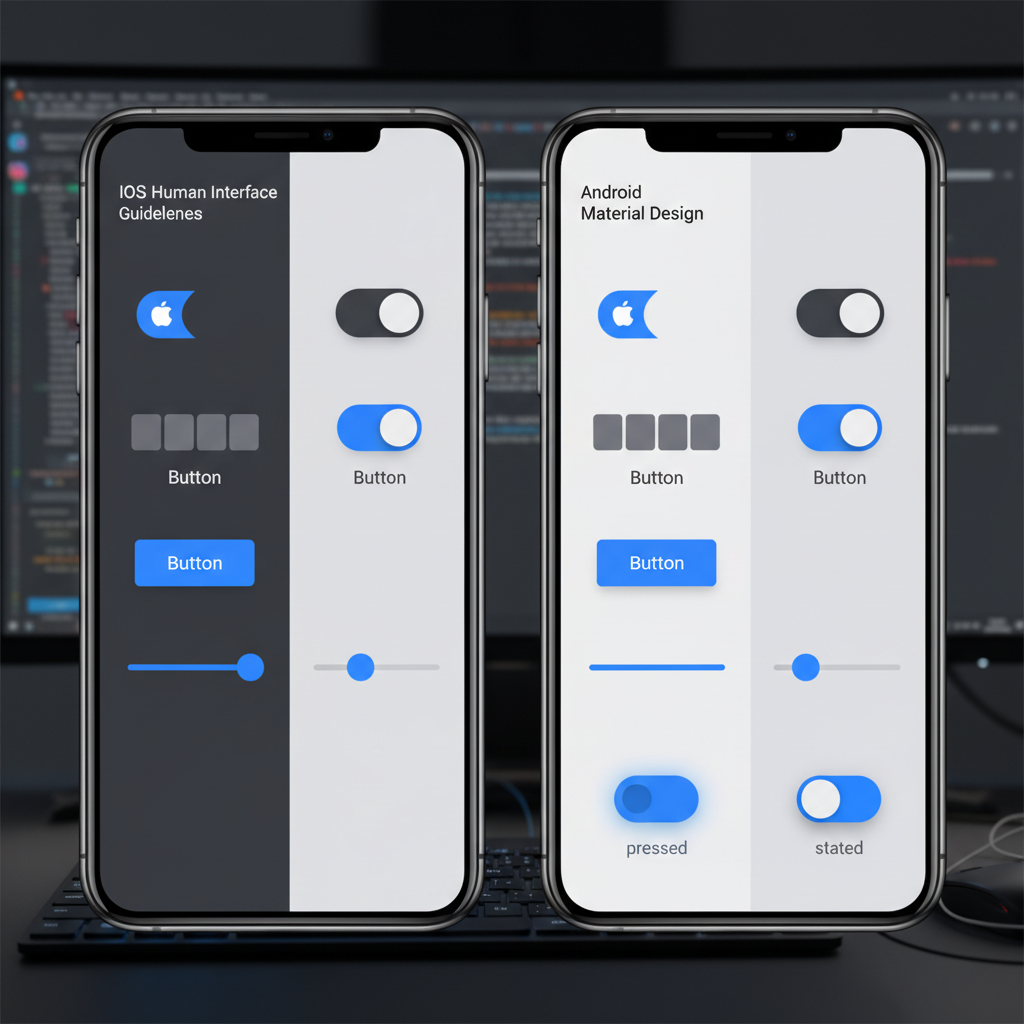 Mobile app design mockups displayed on iPhone and Android devices showing modern UI interface