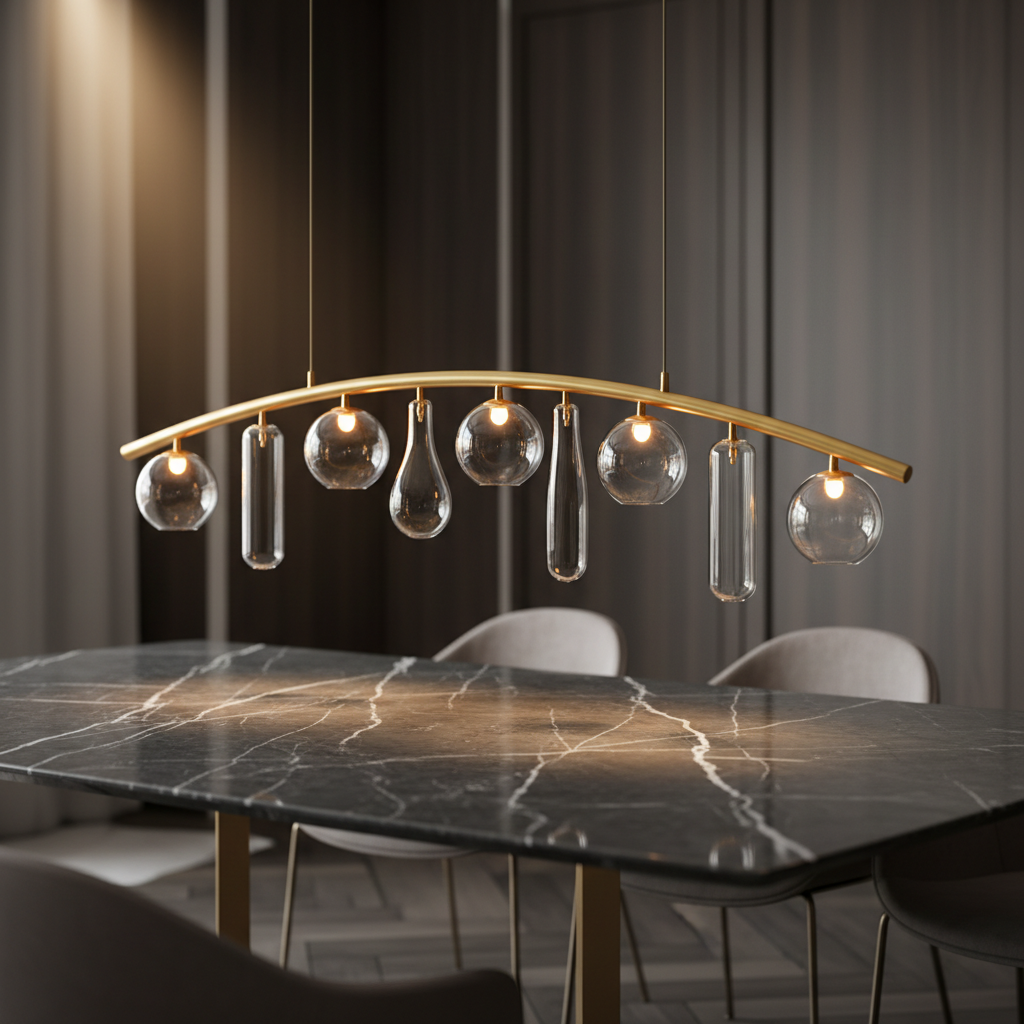 Cluster of brass pendant lights with marble accents hanging above a dark marble dining table in a luxury interior