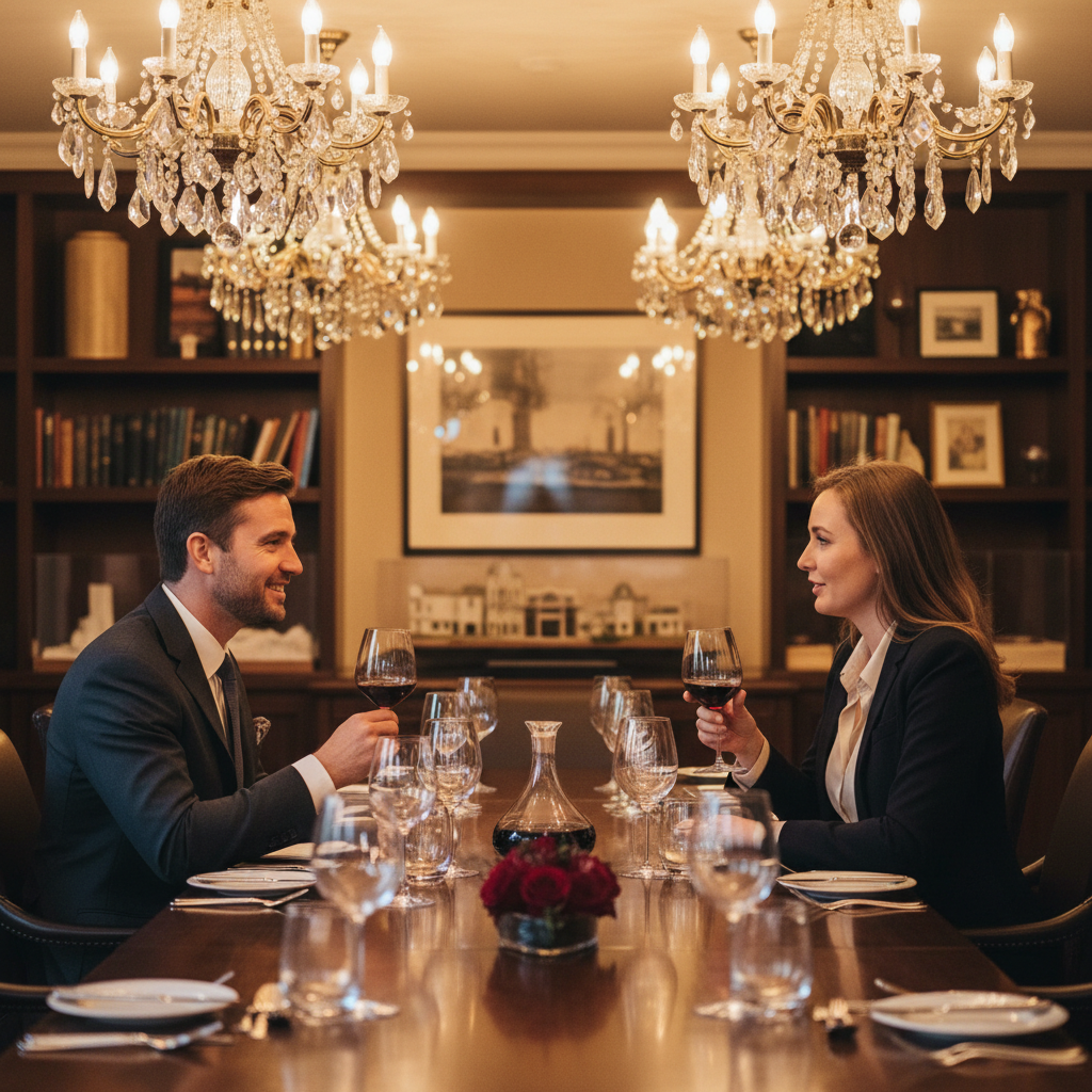 Two property professionals in conversation at a private dining setting with wine, representing the Real Estate & Wine series of candid industry conversations