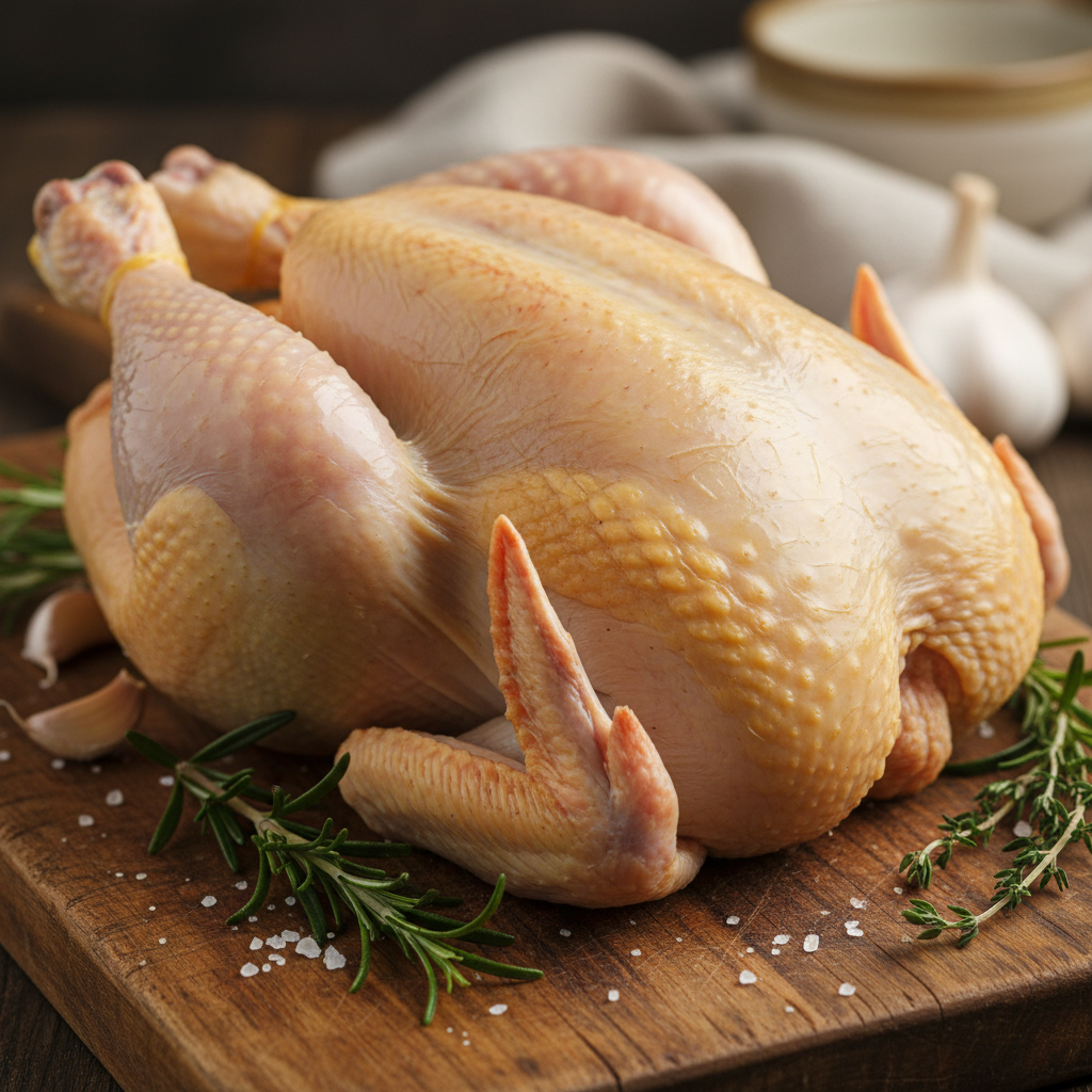 Whole raw chicken laid on a worn butcher-block counter with rosemary sprigs and coarse salt