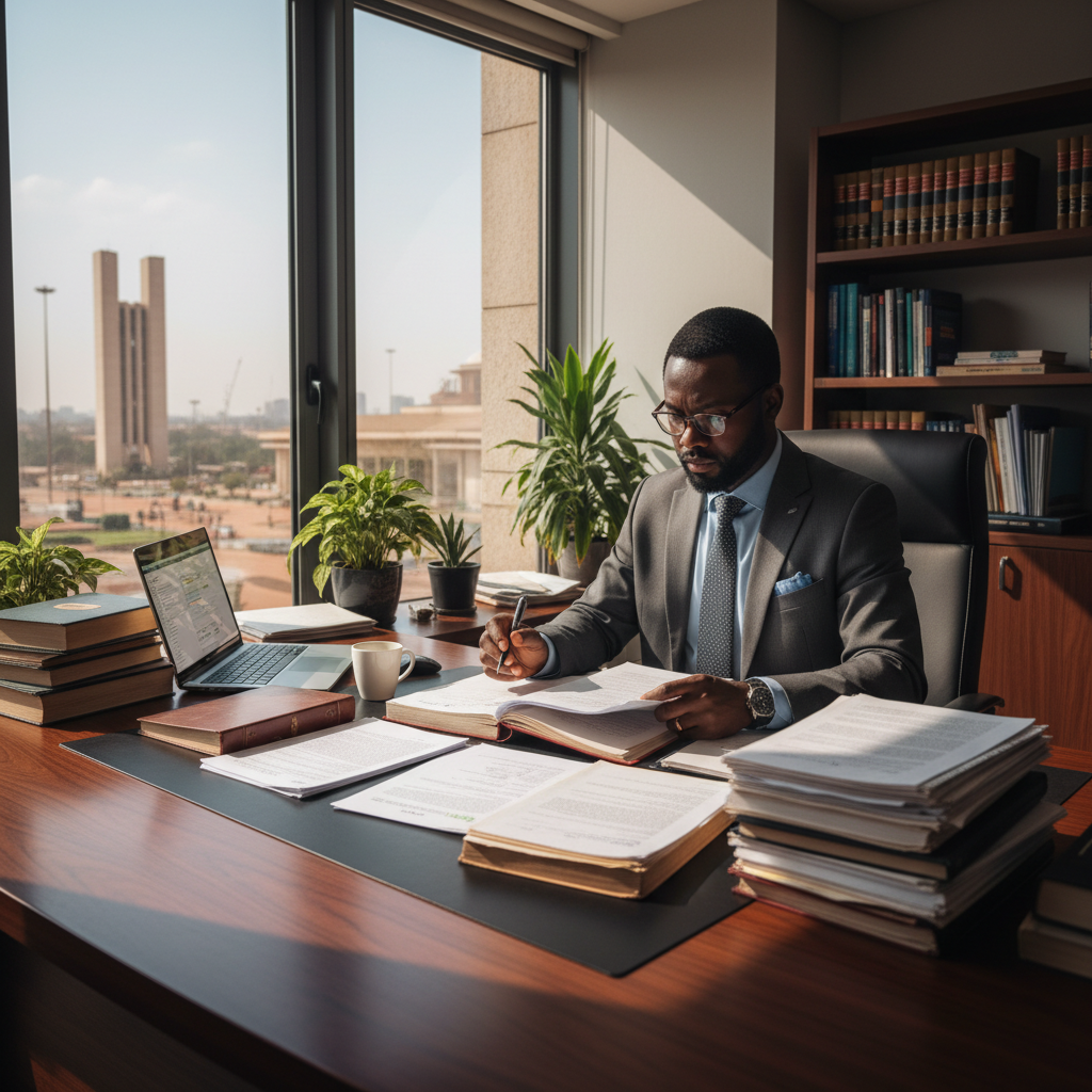African lawyer reviewing legal documents at a desk with court building visible through window in Abuja, Nigeria