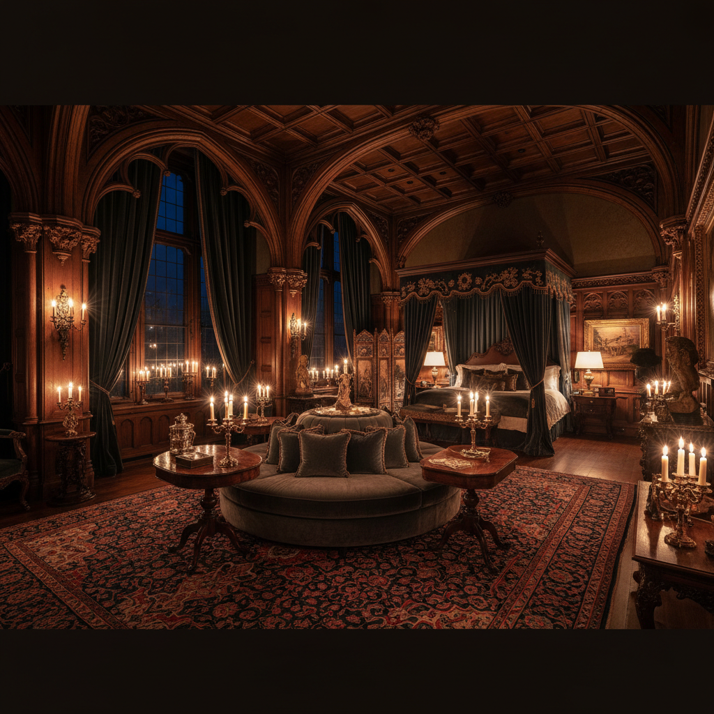 Grand presidential suite with high ceilings, opulent furnishings, deep shadows, warm candlelight glow, and private terrace visible through glass doors