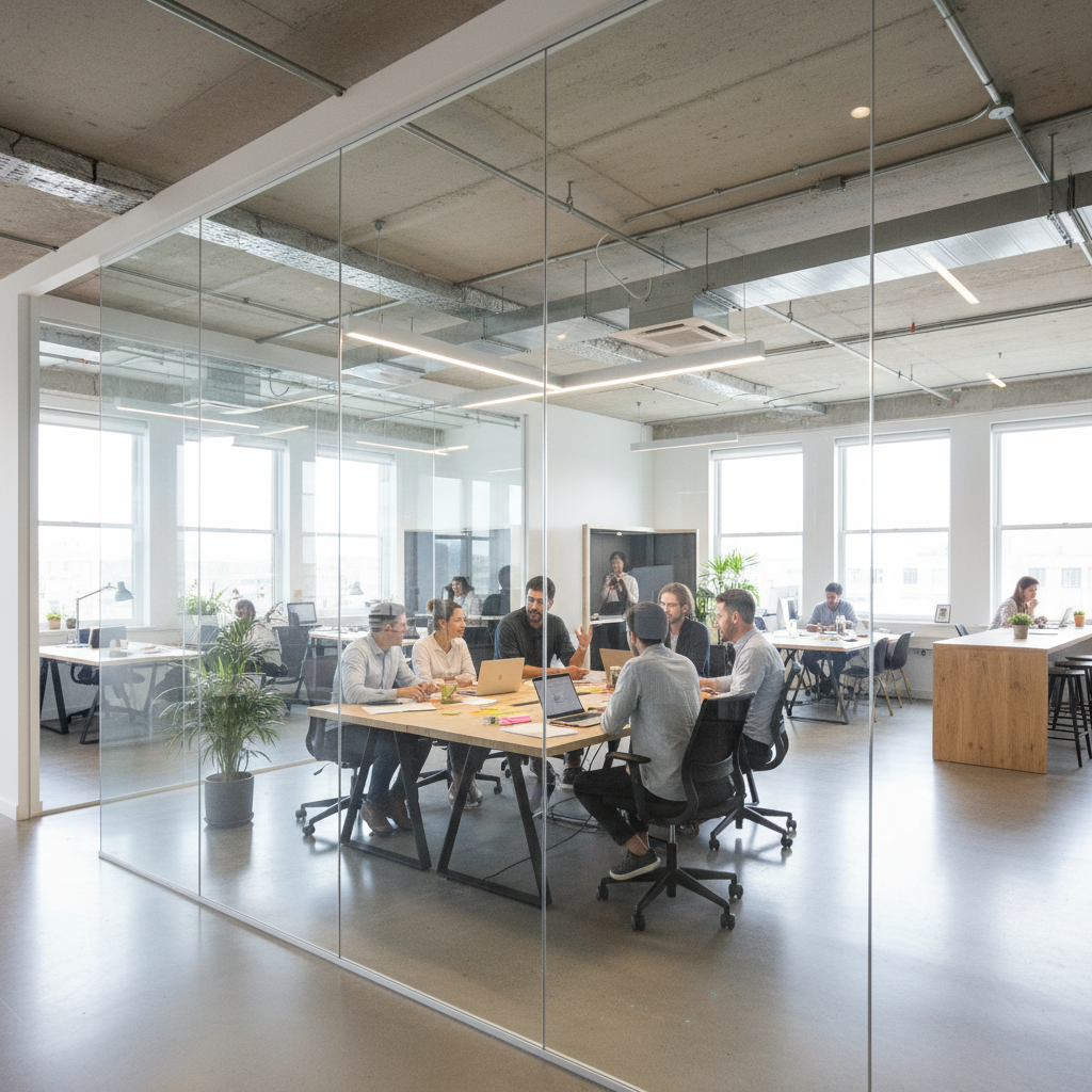 Double-glazed acoustic glass partition in busy co-working space with team working