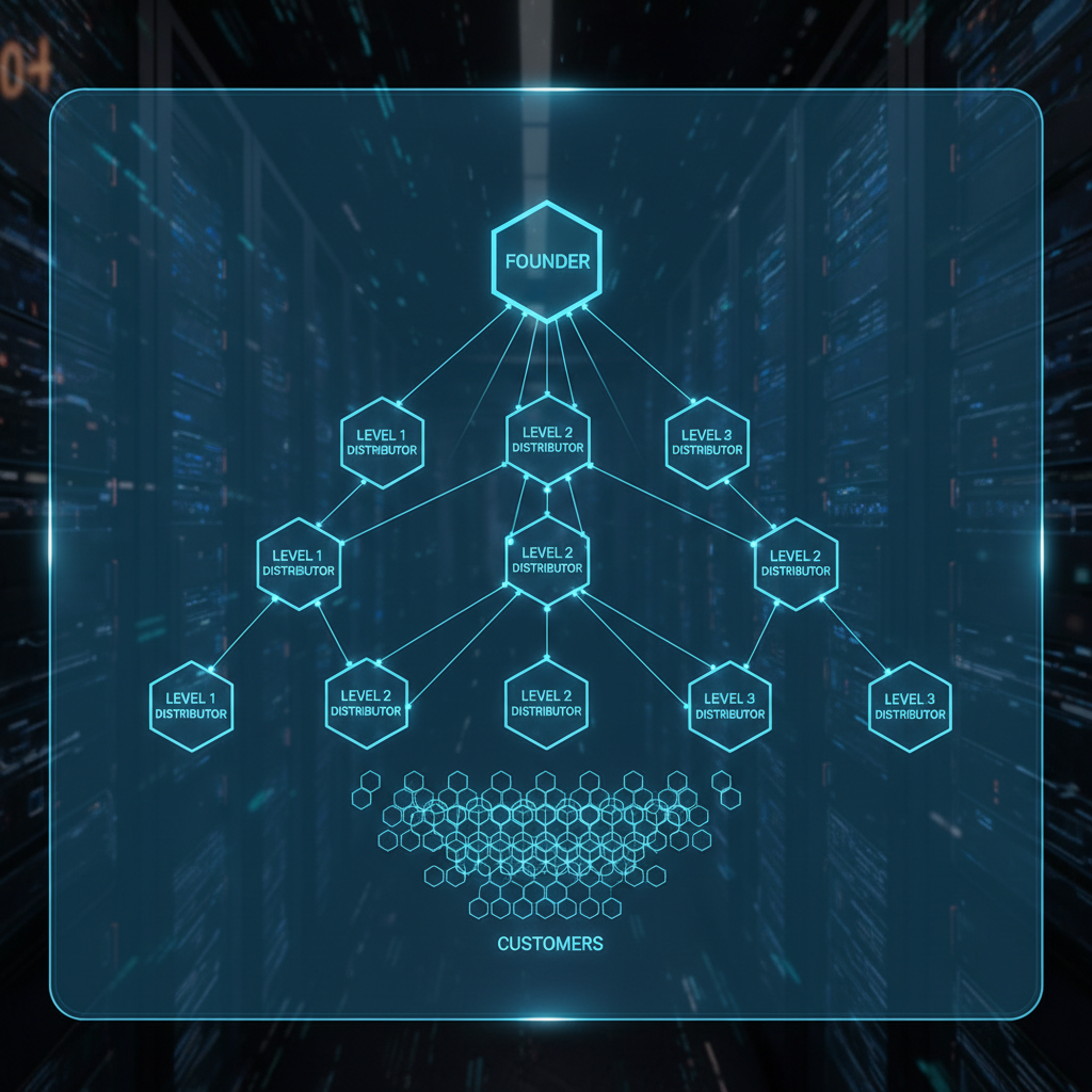 Network diagram showing multi-level marketing structure with connected nodes