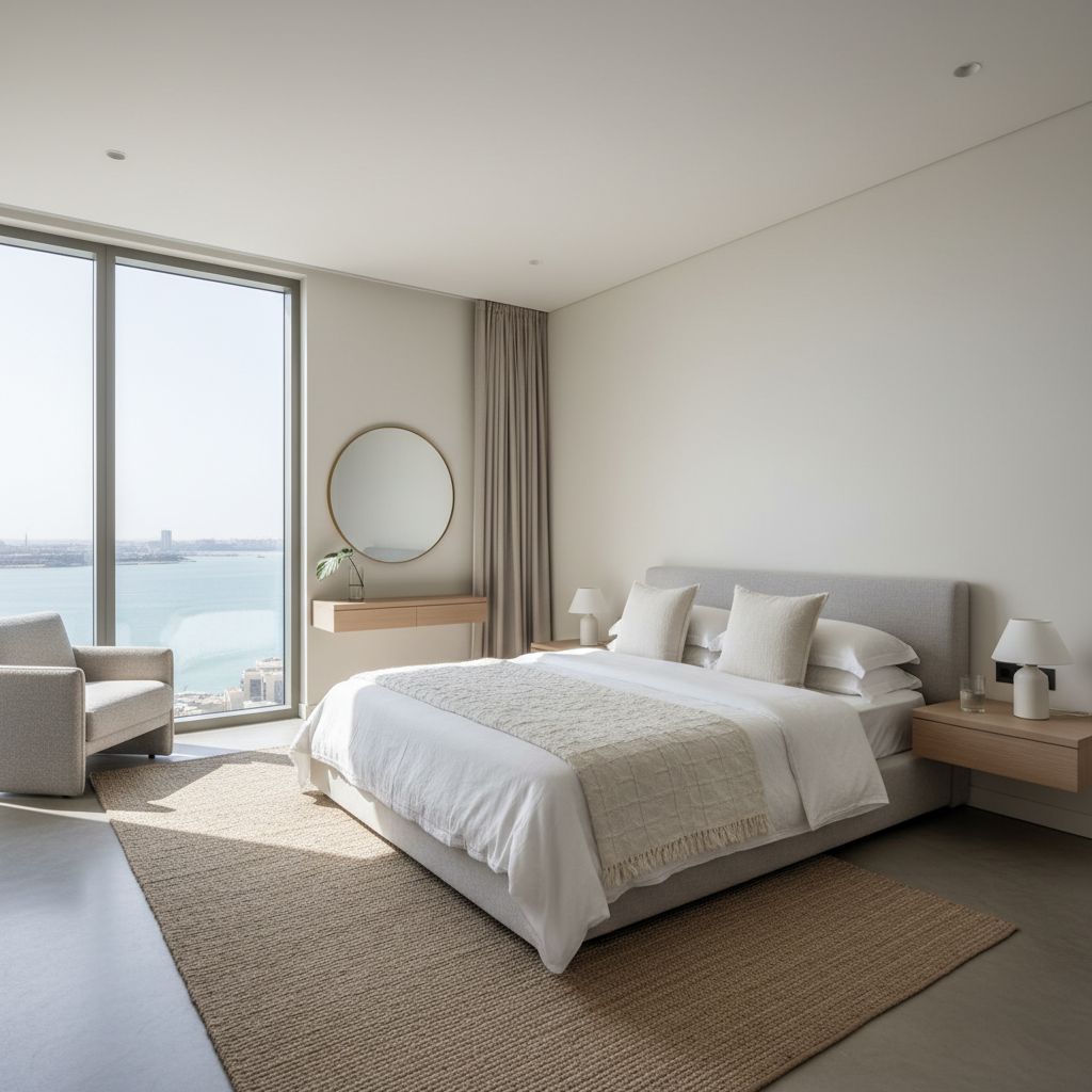 Sydney harbour view luxury apartment, modern minimalist interior, dark tones, harbour bridge visible
