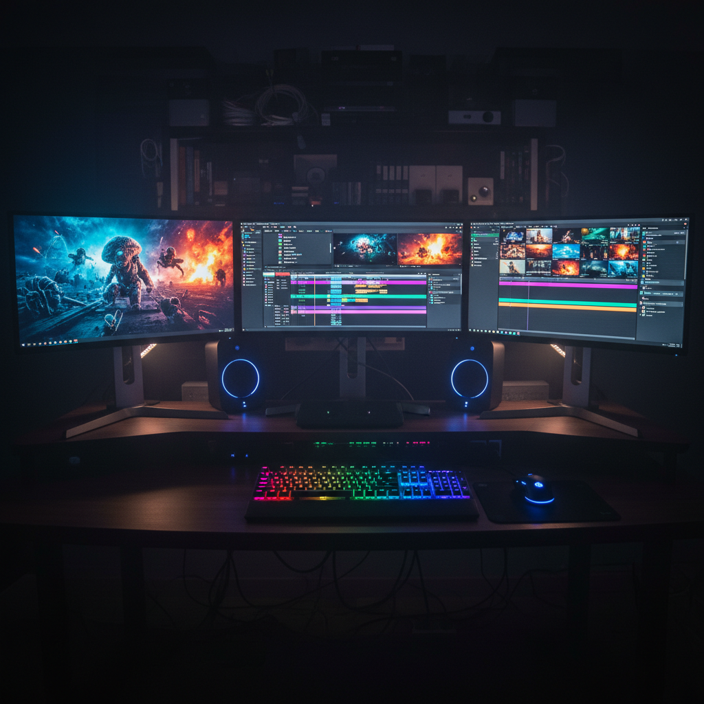 Dark editing suite with multiple screens showing video timeline, deep shadow environment, cinematic blue-tinted monitor glow