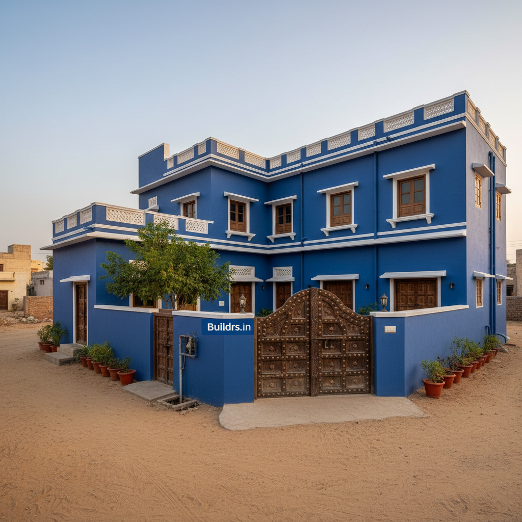 The Jodhpur Blue — 3BHK traditional home with carved wooden doors on 240 sq yard plot in Jodhpur, Rajasthan by Buildrs.in