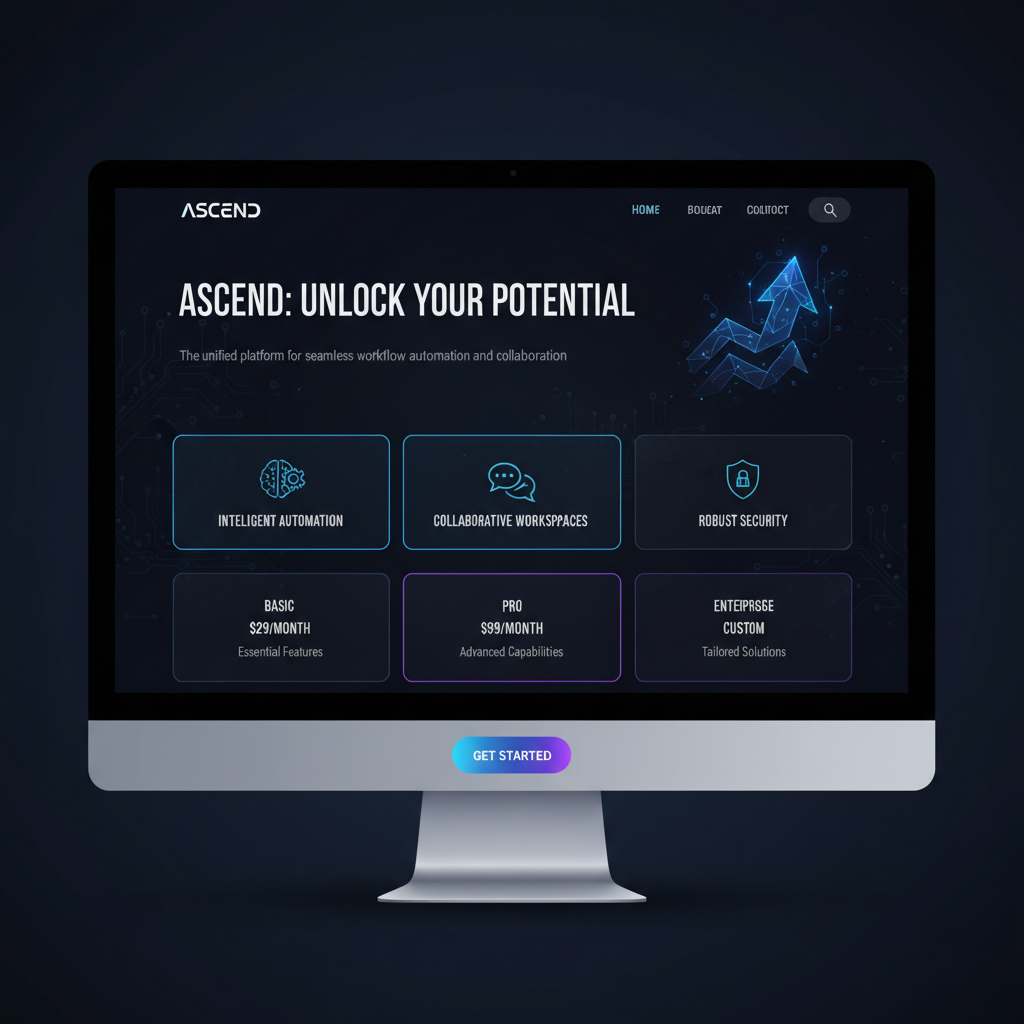 AI SaaS landing page with dark gradient background, interactive product demo, pricing section, and conversion-focused layout
