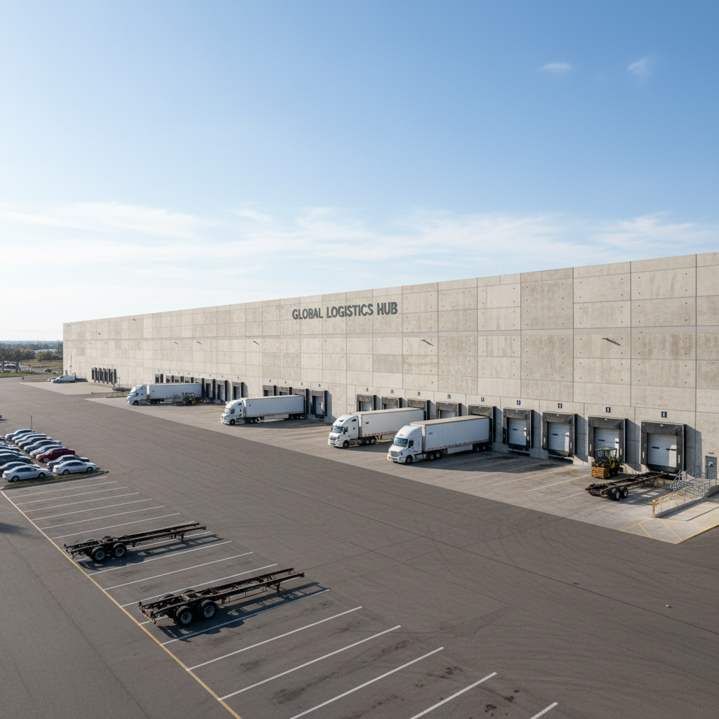 Large industrial warehouse building with concrete tilt-up panels and loading docks