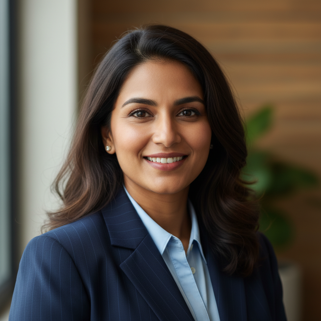 Indian businesswoman smiling, professional corporate portrait