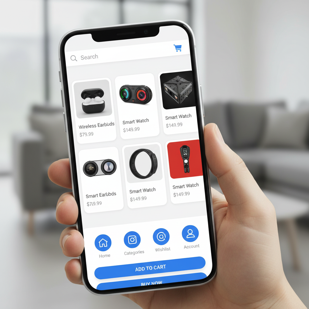 Close-up of a hand holding a smartphone displaying a shopping app against a neutral background