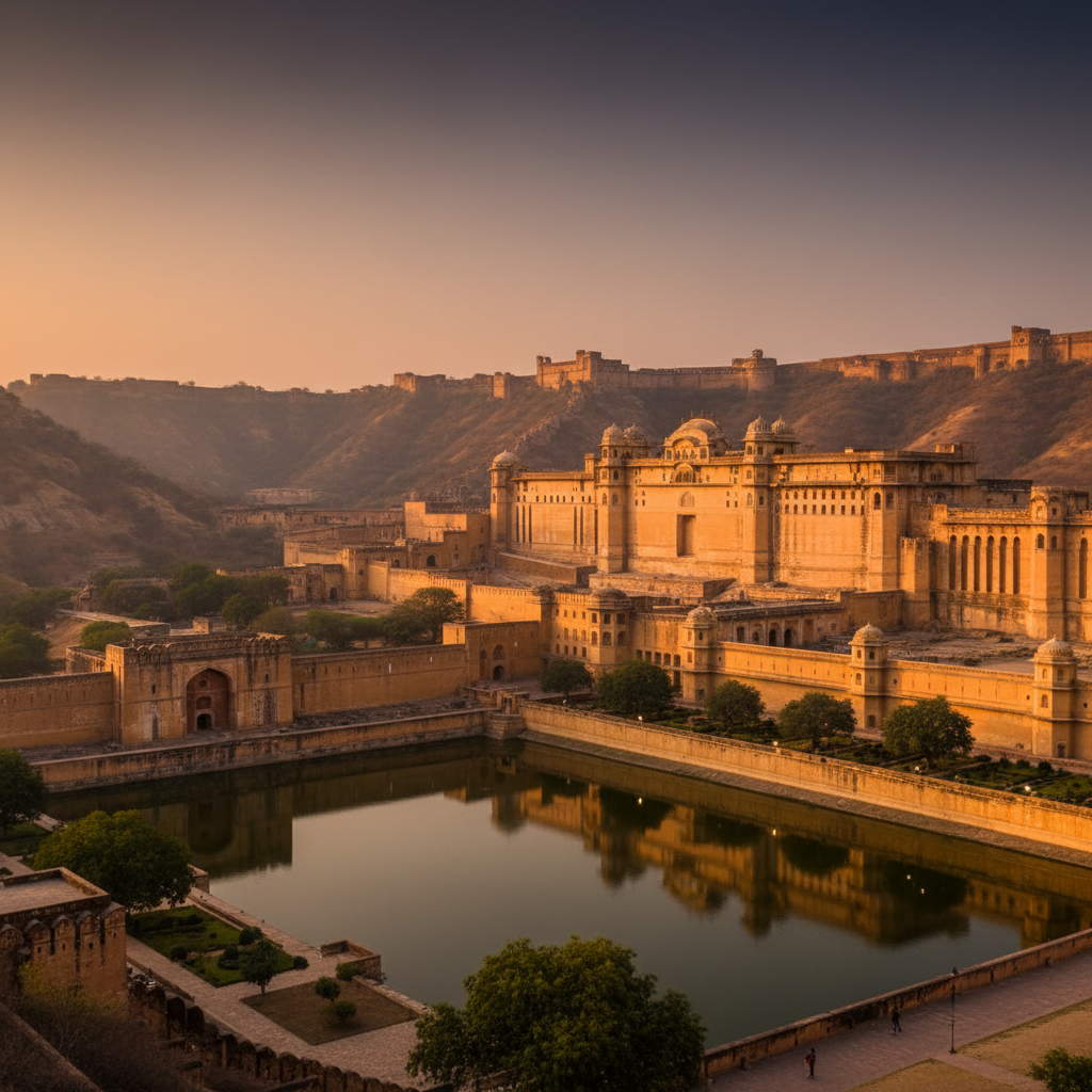 Amber Fort Jaipur illuminated at sunset with golden light on sandstone walls