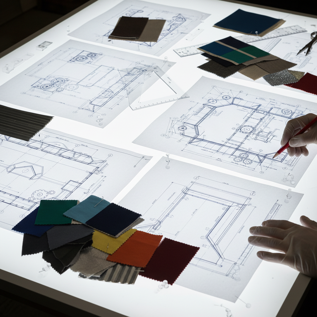 Technical set design drawings spread across a light table with color swatches pinned alongside