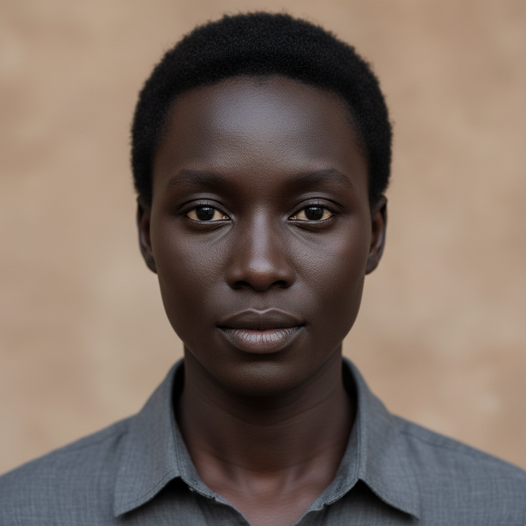 Portrait of Zora, a Black woman with short natural hair and deep brown glowing skin