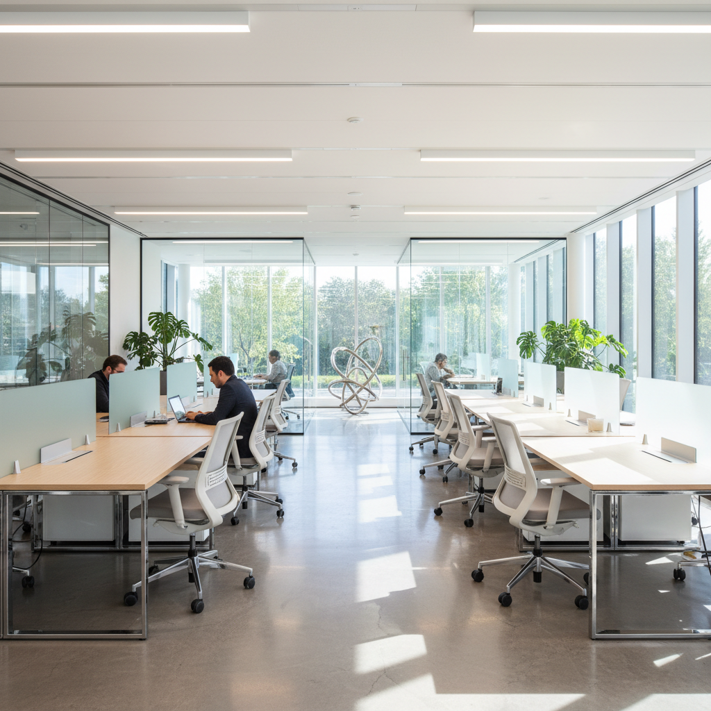 Modern open-plan office with natural light, minimalist desks, and green plant accents
