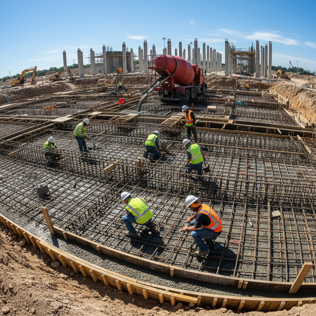 Construction workers pouring concrete foundation, professional construction site, dramatic industrial atmosphere