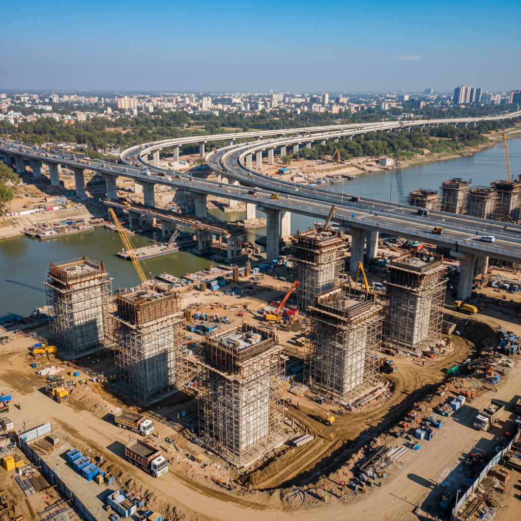 Large infrastructure bridge construction over river, civil engineering mega project