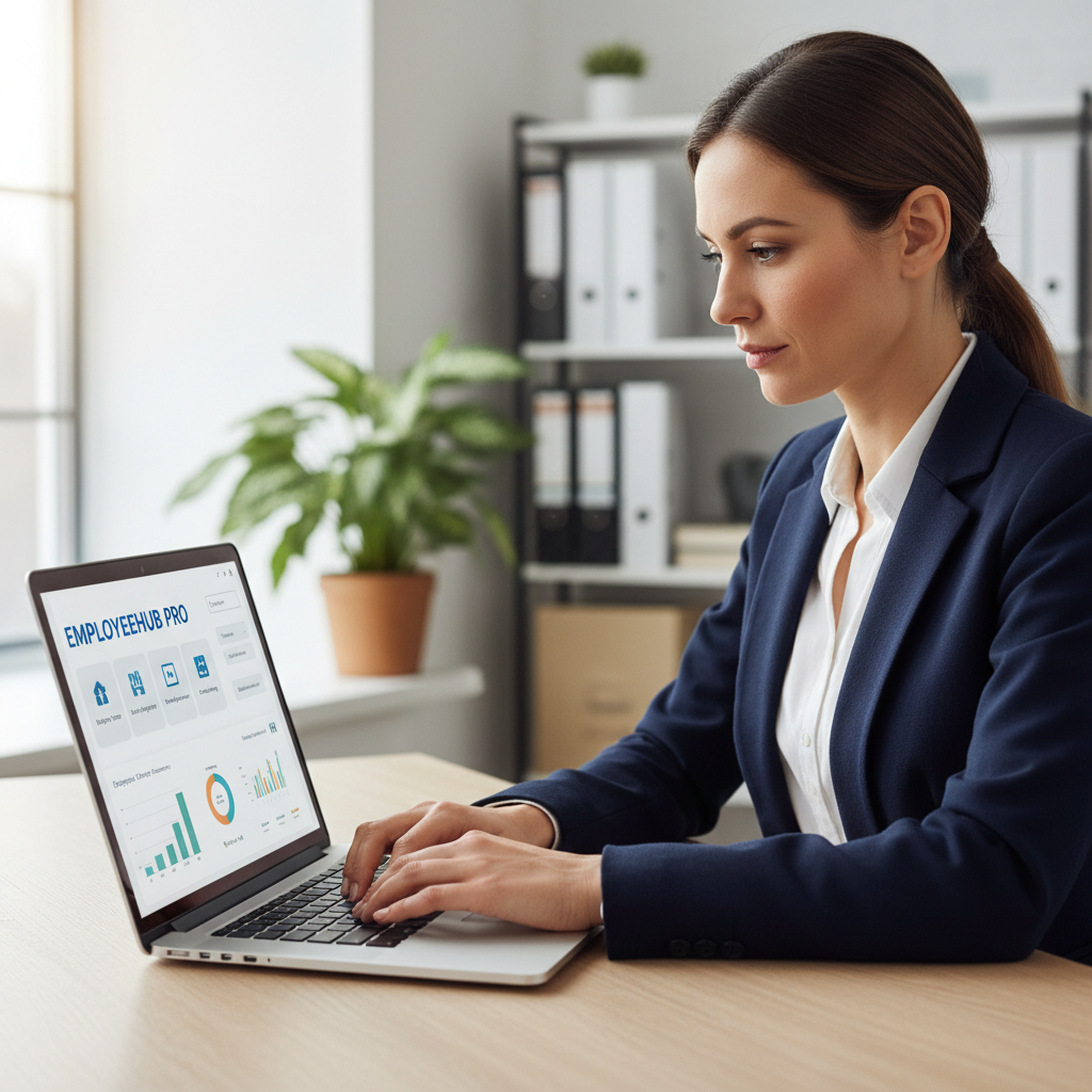Professional writing emails on a laptop in a clean, well-lit modern office