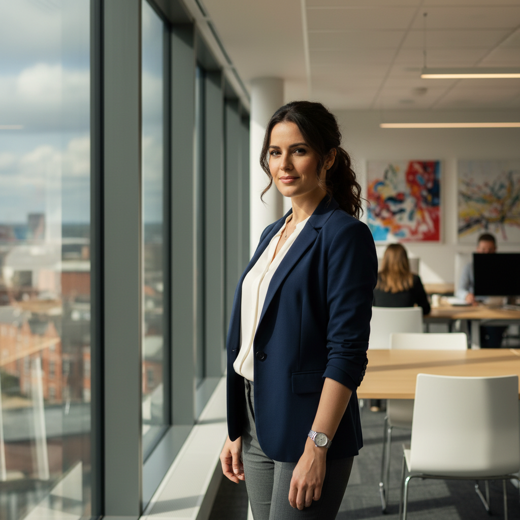Yorkshire BusinessWoman Feb/Mar 2026 cover showcasing a businesswoman in a modern Yorkshire office setting