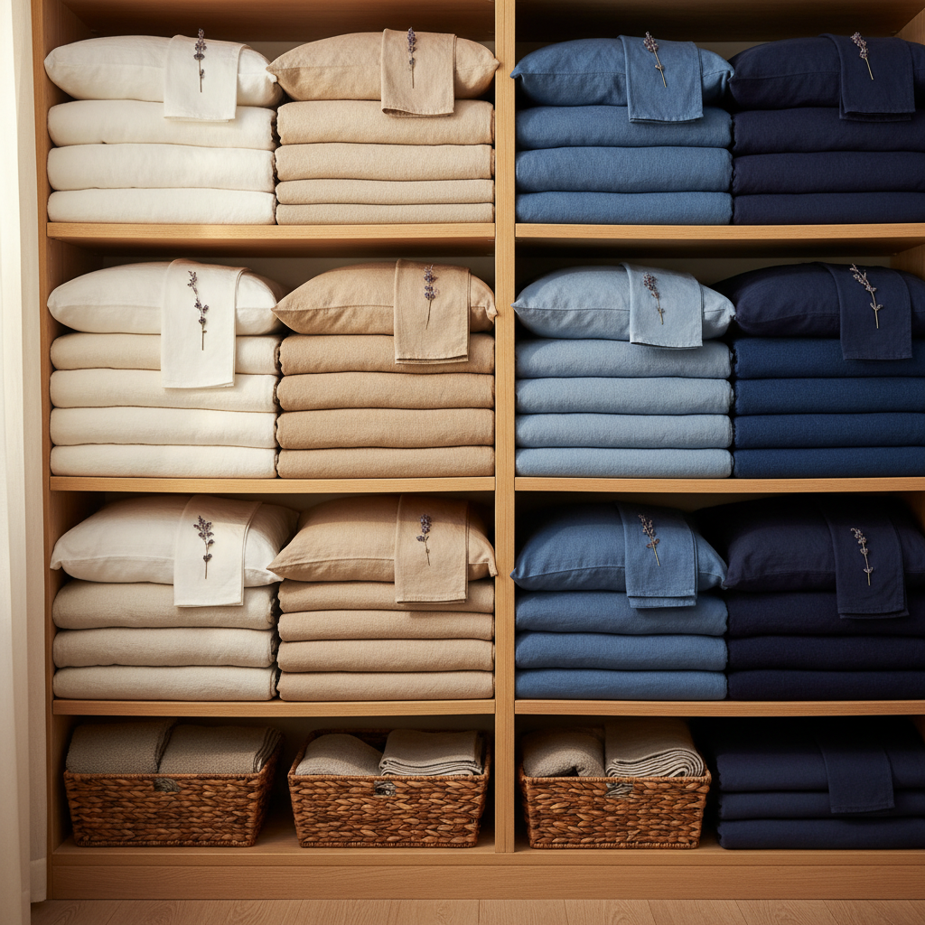 Bright, airy, well-lit organized closet with neatly folded white and cream linens on open shelves