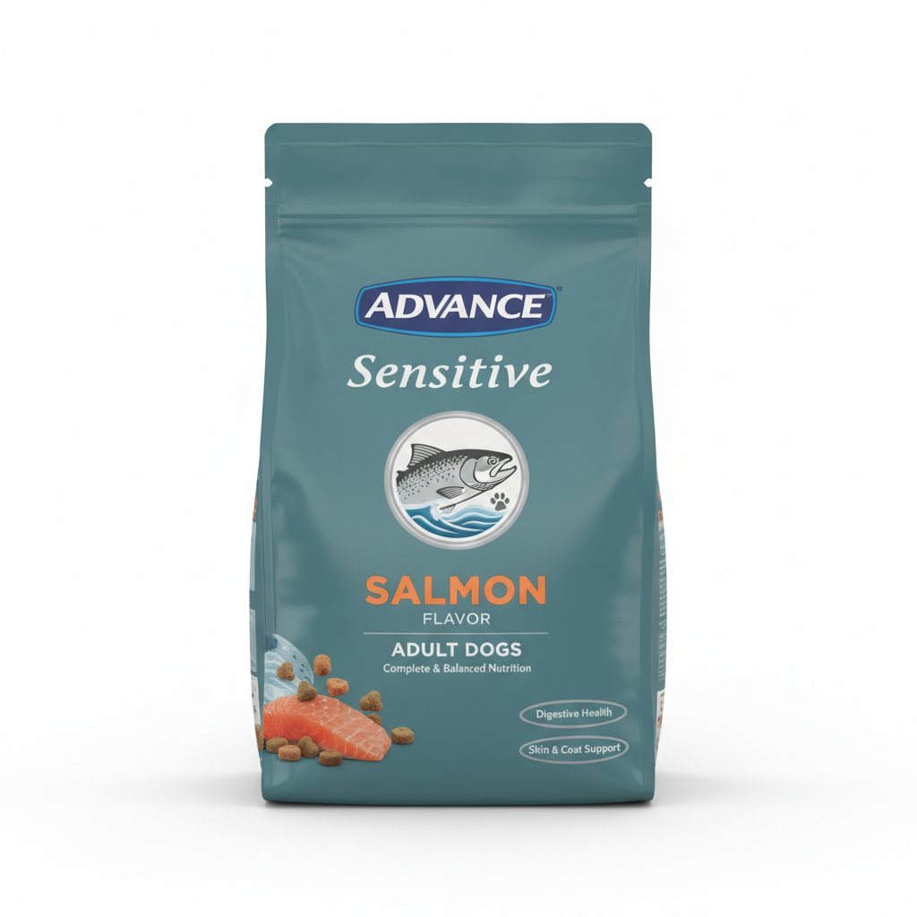Bag of premium adult dog food with orange packaging on white background