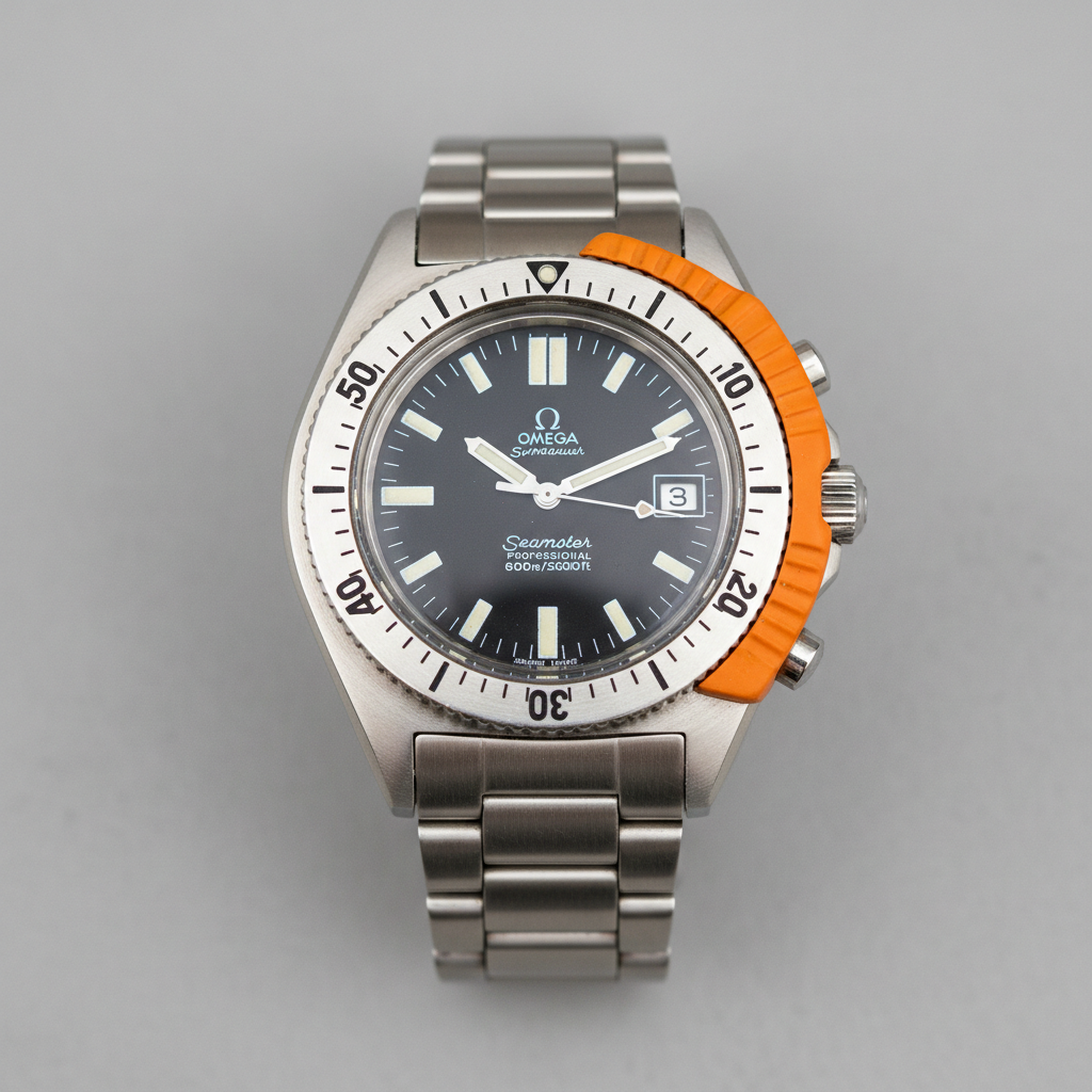 Omega Seamaster 600 Ploprof professional diver from 1971 with orange crown protector and black dial