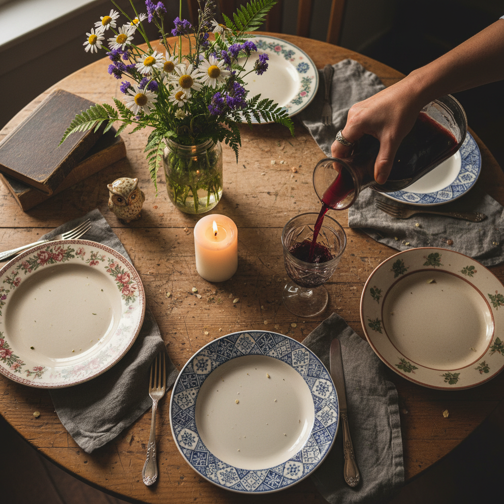 Overhead shot of a thrift-store dinner table with mismatched plates, a candle, wildflowers in a mason jar, and a hand pouring wine