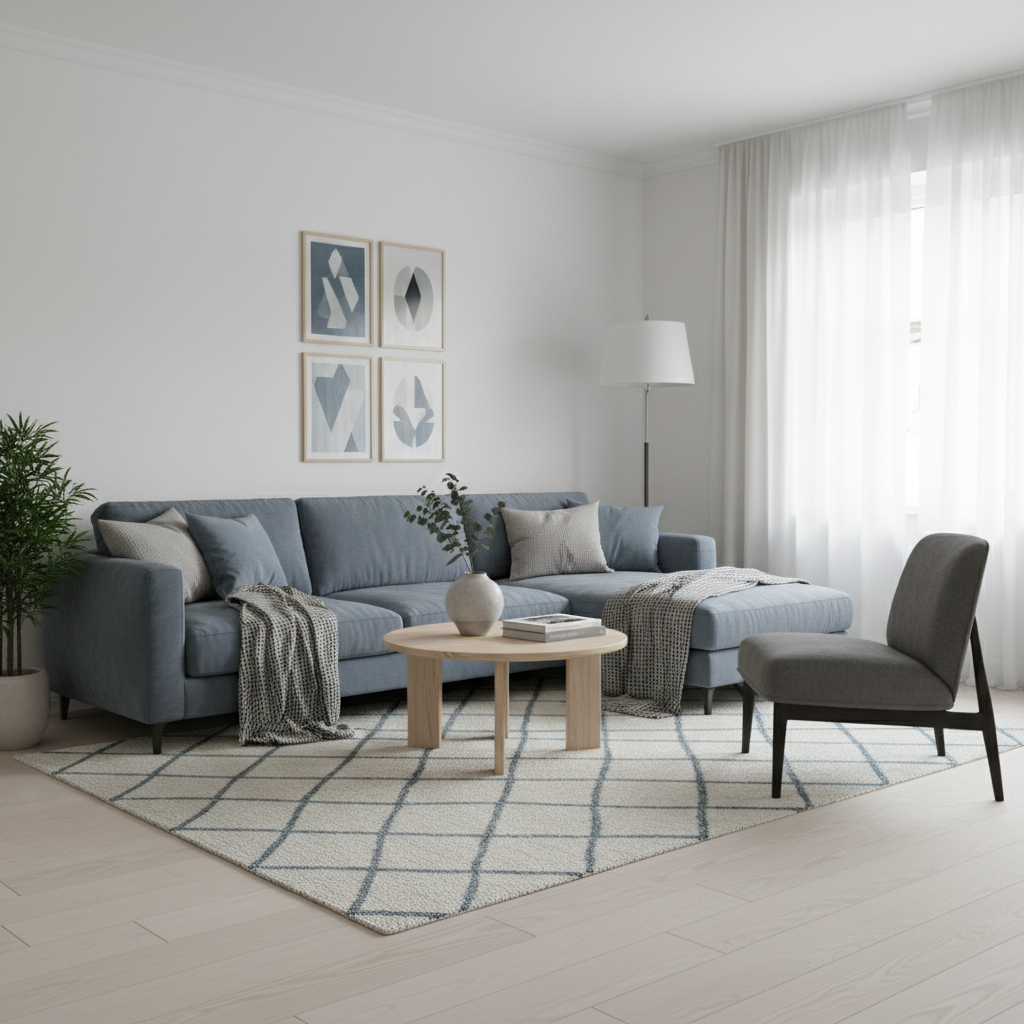 Expansive open-plan Scandinavian living space with birch wood ceiling, white walls, and low-slung furniture in deep forest setting, bright daylight