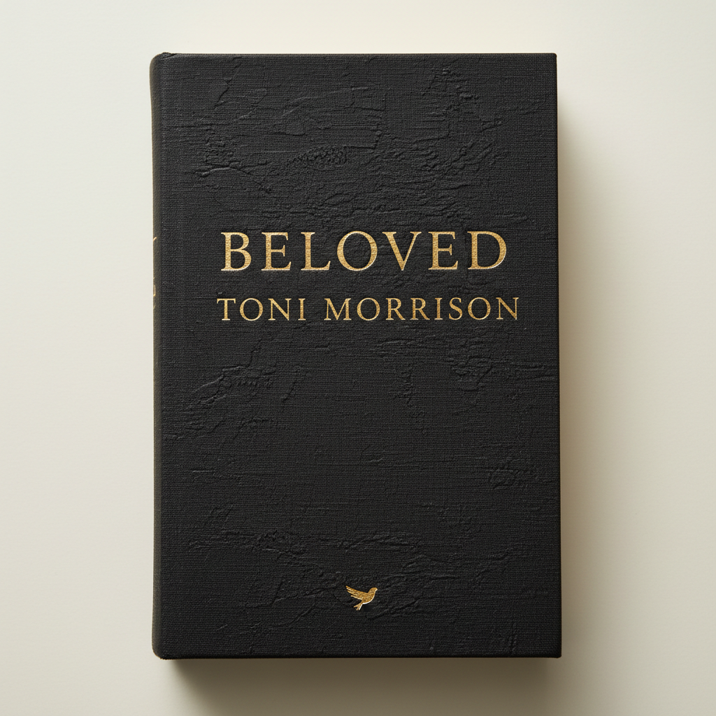 Toni Morrison novel with dark textured cover on cream background