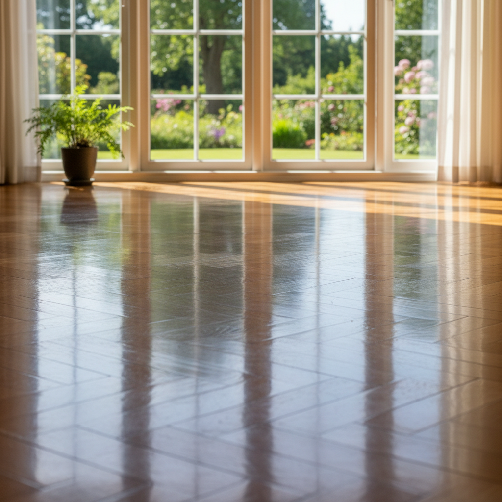 Freshly cleaned hardwood floor reflecting window light, reflection so sharp you can count the window mullions