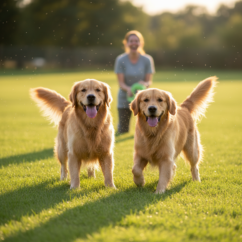Two golden retrievers mid-play-bow on turf at golden hour, a laughing handler blurred in the background