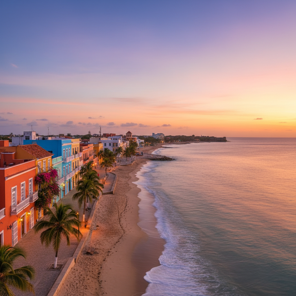 Vista aérea del Caribe colombiano al atardecer, aguas azules oscuras y horizonte dorado, ambiente premium