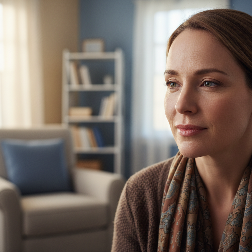 Counselor listening attentively in a warm, sunlit room with soft natural light