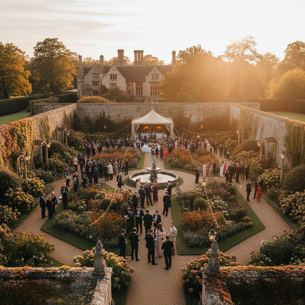 Grand estate reception at Aldercroft Manor with 210 guests in a walled garden under harvest evening light